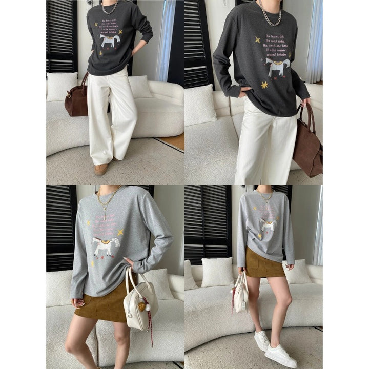 Damen Gemütlicher Sweatshirt mit farbenfrohem Einhorn-Print und Rundhalsausschnitt Drune