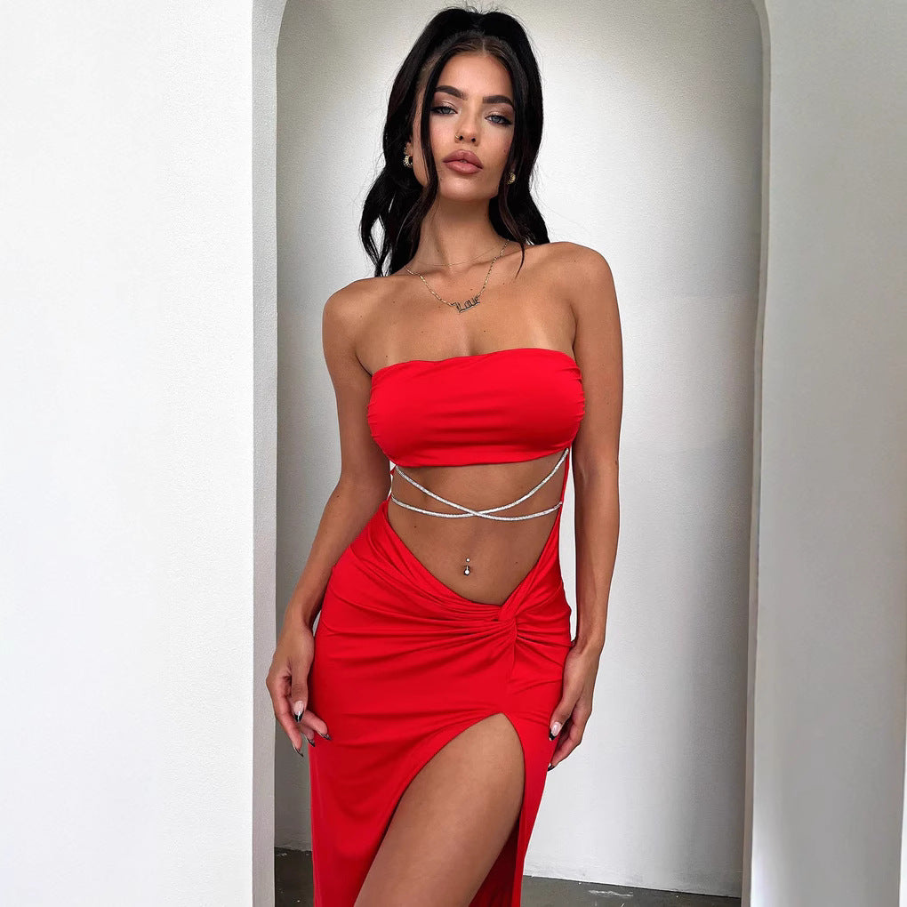 Damen Elegantes bandeau Maxikleid mit hohem Schlitz und glänzenden Details Drune