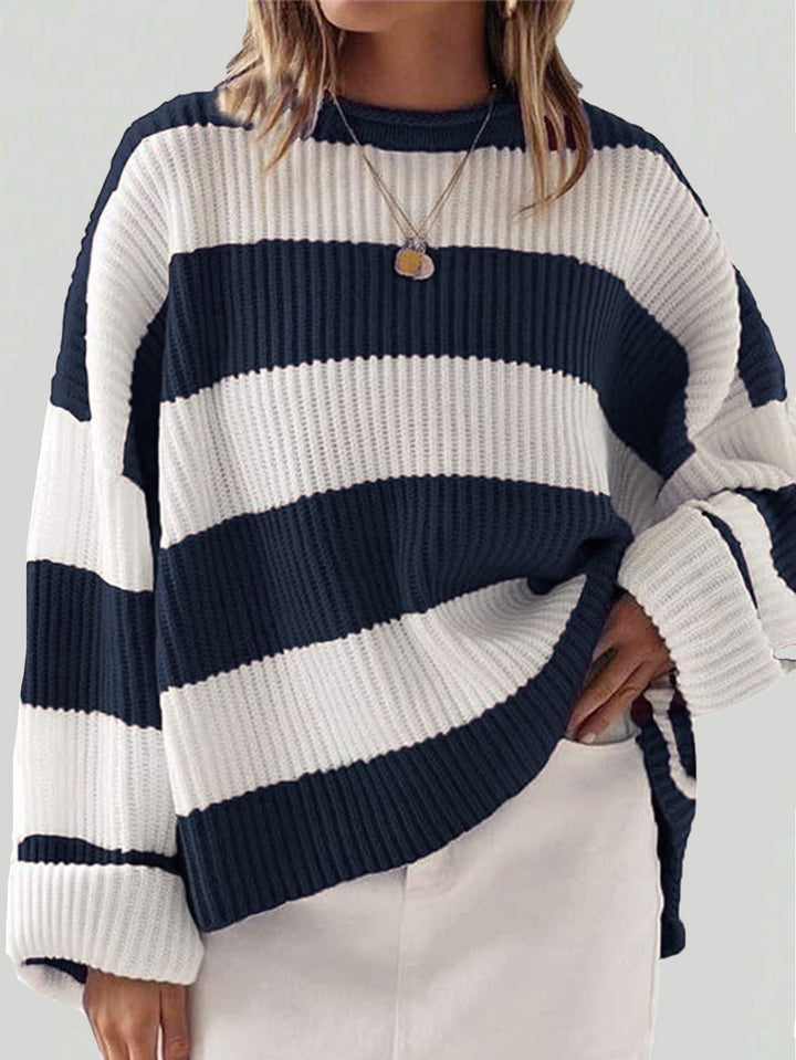 Damen gestreifter Strickpullover mit weitem Schnitt Drune