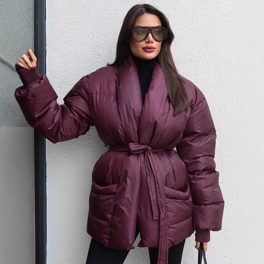 Damen Gesteppte Taillierte Steppjacke mit Schalkragen und Bindegürtel Drune