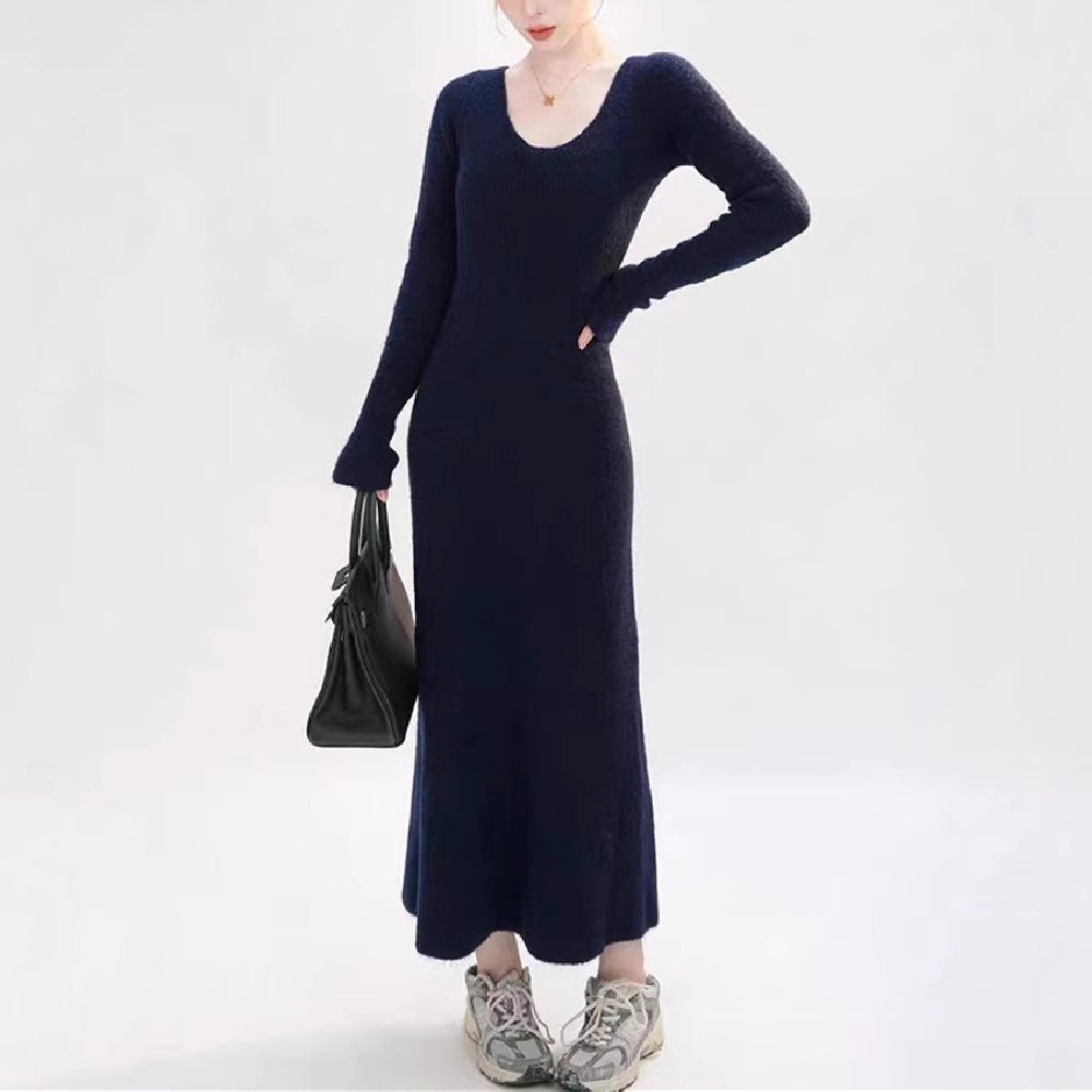 Damen Strickkleid mit V-Ausschnitt und langen Ärmeln Drune