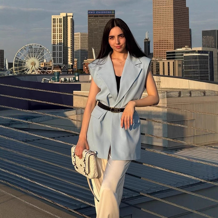 Damen Ärmellose Longblazer-Weste mit betonter Schulterpartie und Taillenform Drune