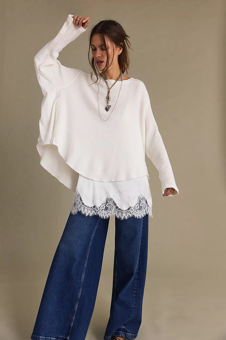 Damen Oversized Waffelstrick-Pullover mit weitem Schnitt und tiefem Raglan Drune