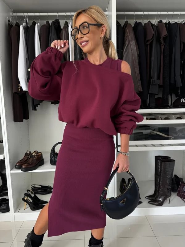 Damen Bequemes Sweatset mit Ein-Schulter-Ausschnitt und Taillierter Midi-Rock Drune