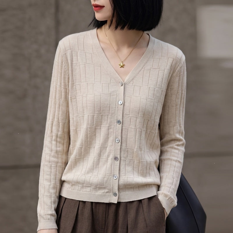 Damen V‑Ausschnitt-Feinstrickcardigan mit strukturierter Blockoptik und durchgehender Knopfleiste Drune