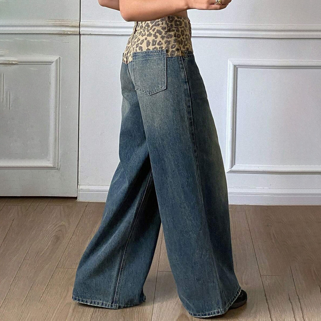 Damen Weit geschnittene Jeans mit Leopard-Hochbund Drune