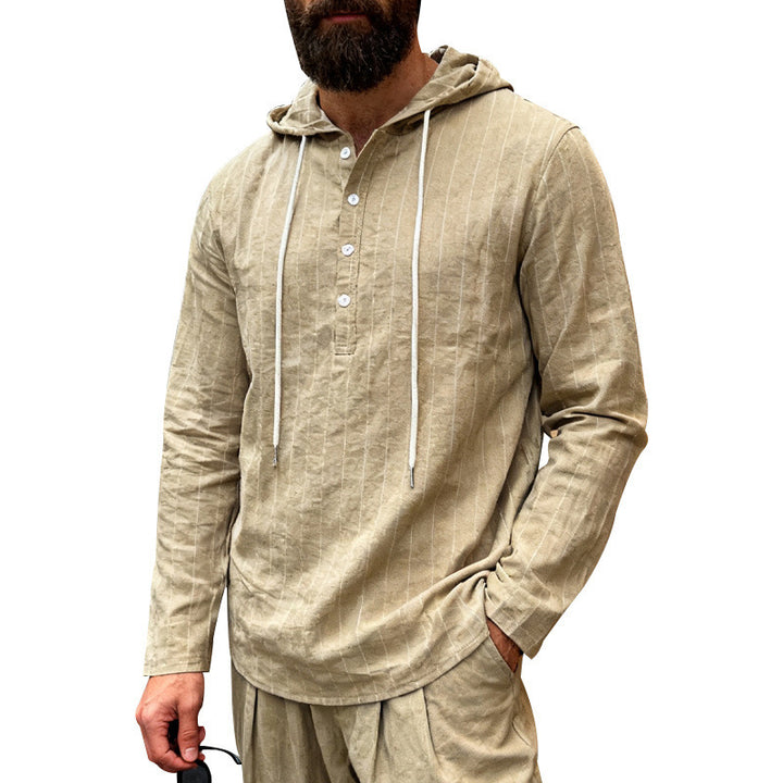 Herren nan Kapuzenshirt aus Leinenmix mit halber Knopfleiste und Nadelstreifen Drune