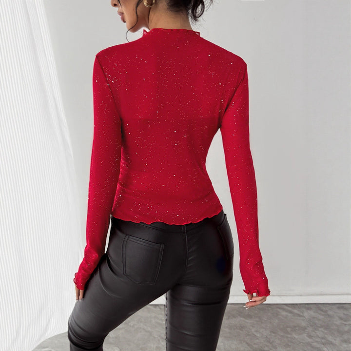 Damen nan figurbetontes Feinstrickoberteil mit Stehkragen und Glitzergarn Drune