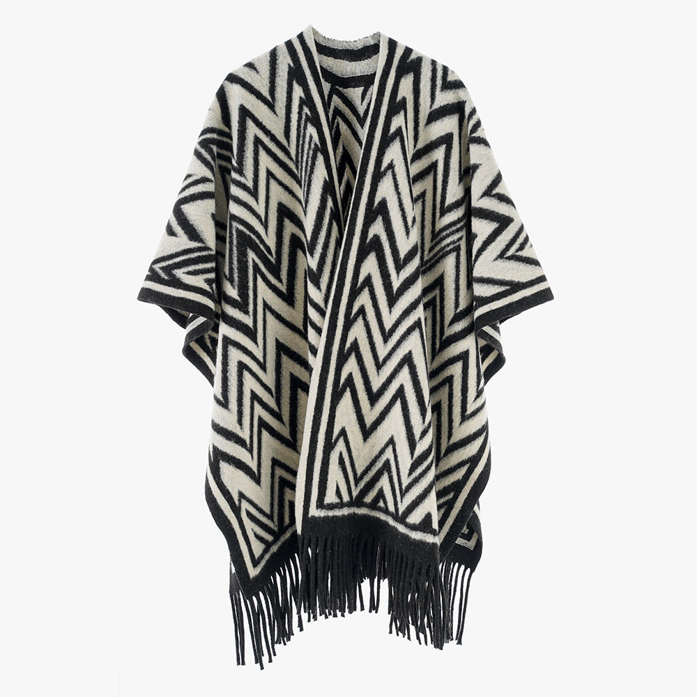 Damen Großer Fransenponcho im Oversize‑Cape mit geometrischem Zickzack‑Jacquard Drune