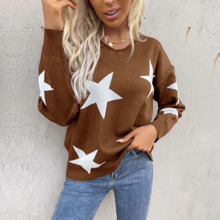 Damen Sternen-Feinstrickpullover mit V-Ausschnitt und lässiger Oversize-Passform Drune
