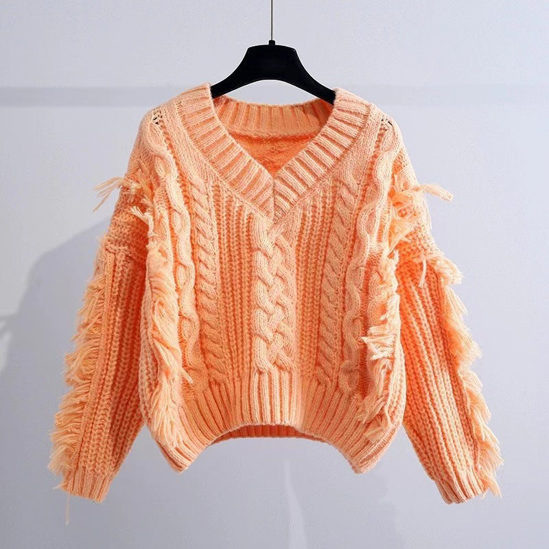 Damen gestrickter Pullover mit auffälligen Fransen und Zopfmuster Drune