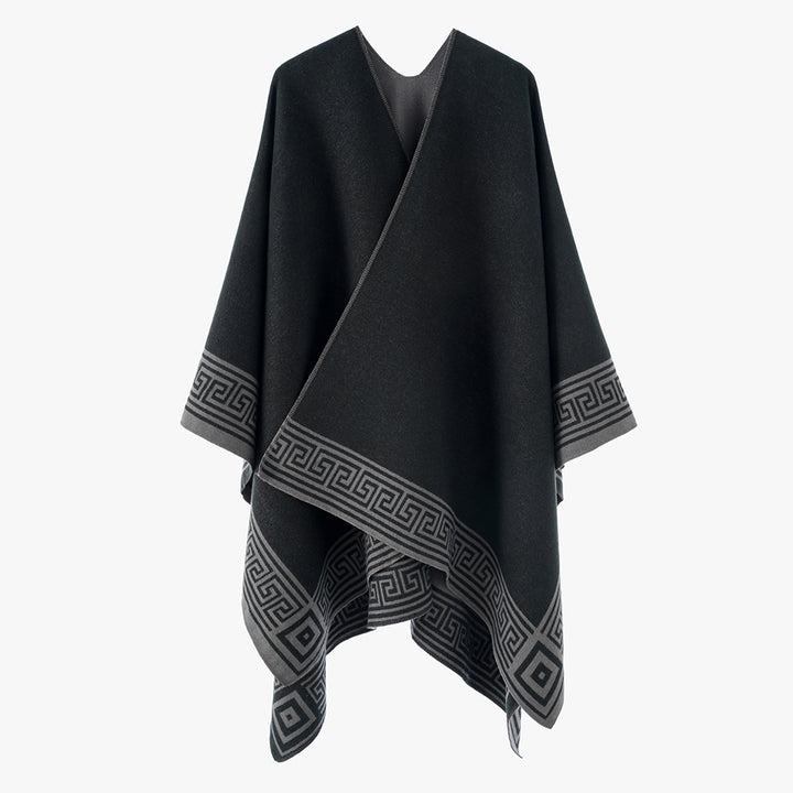 Damen Oversize-Capeponcho im Wickelstil mit Mäanderbordüre und kastiger Silhouette Drune