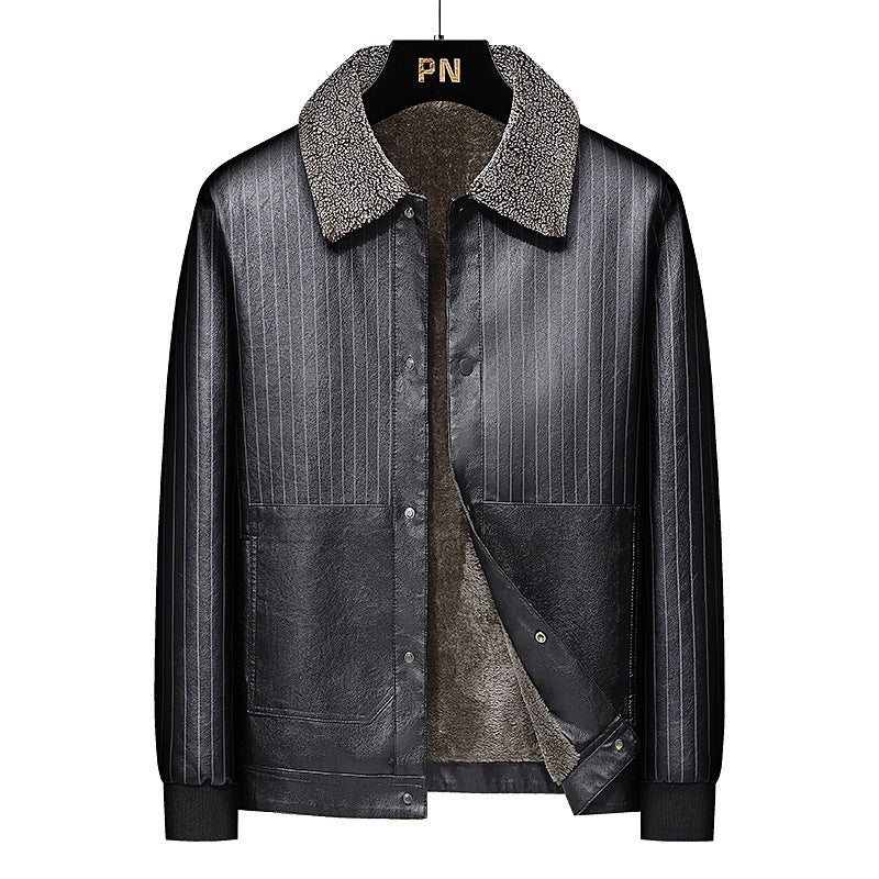 Herren Kunstleder-Blouson mit Sherpa-Kragen, wärmendem Teddyfutter und Nadelstreifen-Detail Drune