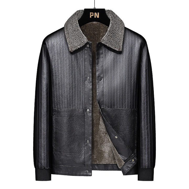 Herren Kunstleder-Blouson mit Sherpa-Kragen, wärmendem Teddyfutter und Nadelstreifen-Detail Drune