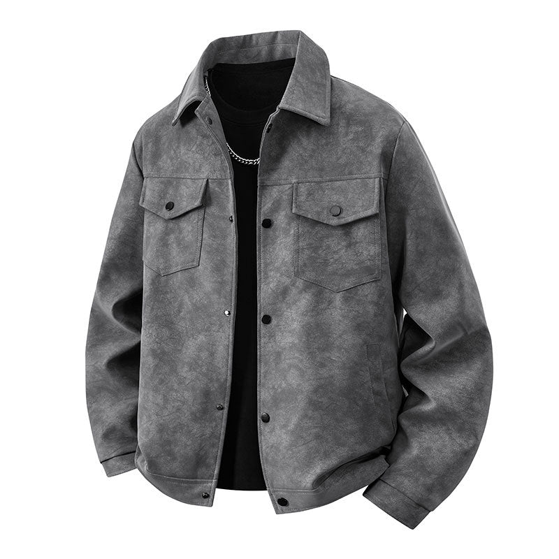 Herren Overshirt‑Jacke im Veloursleder‑Look mit Pattentaschen & Druckknopffront Drune