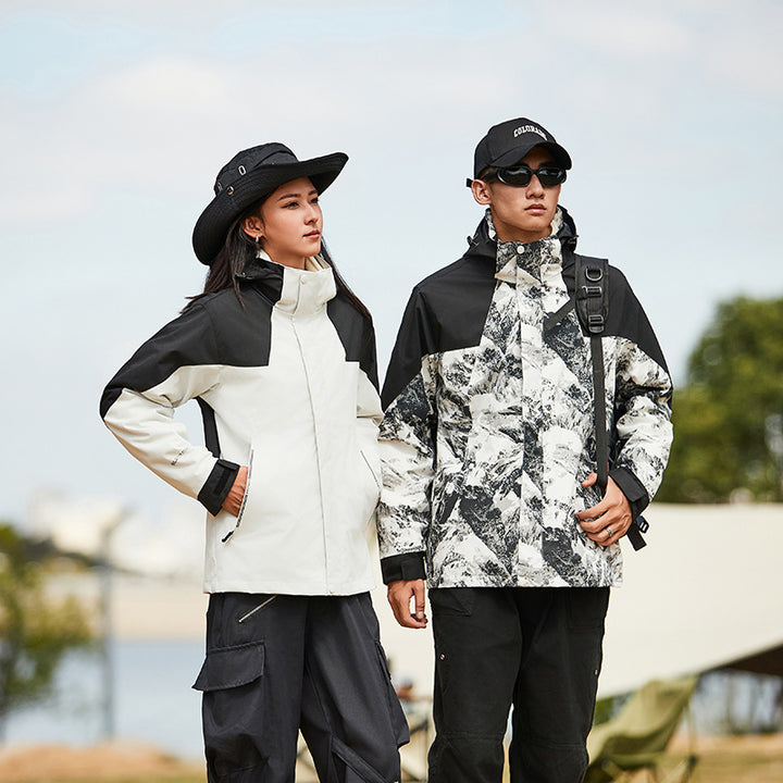Damen Wasserfeste Outdoorjacke mit Kapuze und markantem Bergprint Drune