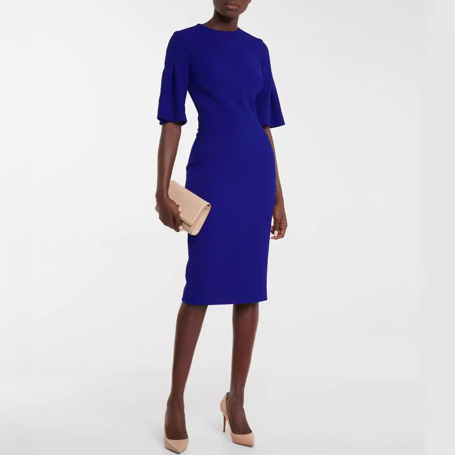 Damen Figurbetontes Midikleid mit Trompetenärmeln und Rundhalsausschnitt Drune