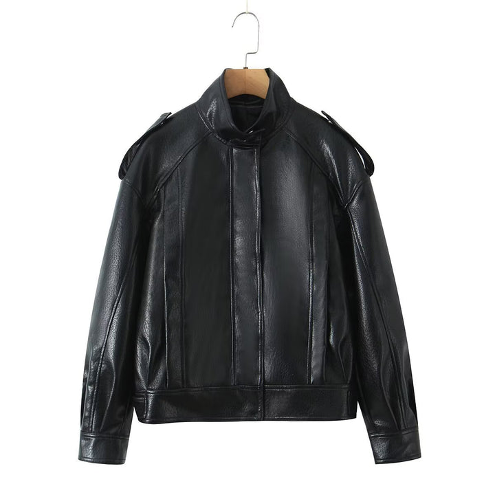 Damen Cropped Bomberjacke aus Kunstleder mit hohem Stehkragen und Schulterklappen Drune