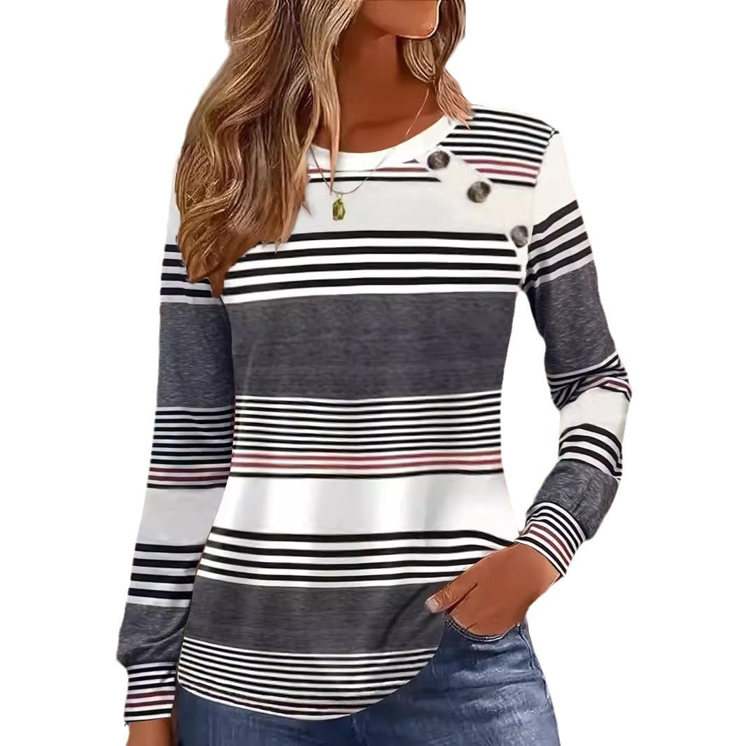 Damen Langarmshirt mit maritimem Streifenmuster und dekorativen Knopfdetails Drune