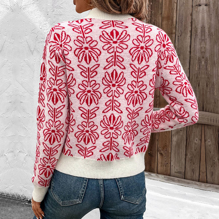 Damen GDrunelümter Jacquard-Strickpullover mit Rundhalsausschnitt und gerippten Bündchen Drune