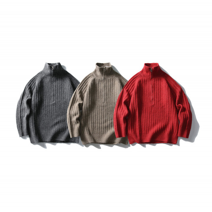 Unisex Oversize-Rippstrick-Halbzip-Pullover mit Stehkragen Drune