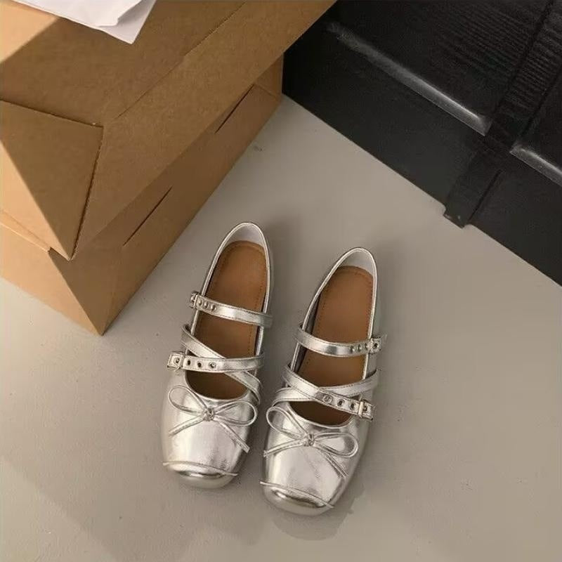 Damen Ballerina-Schuhe mit dekorativen Doppelschnallen und modischen Schleifen Drune