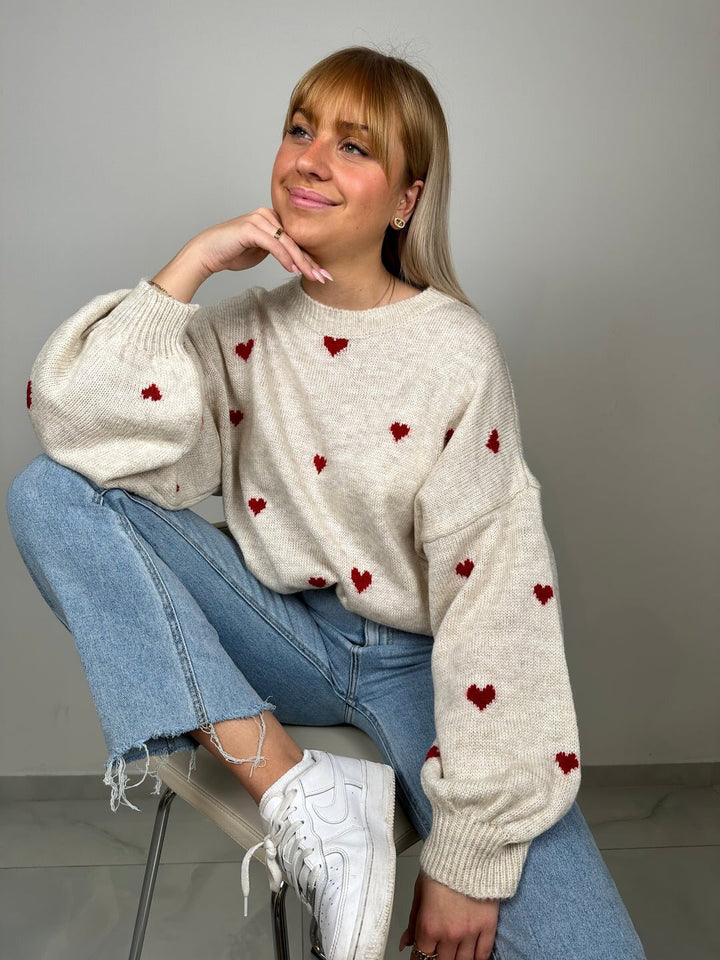 Damen nan oversized Strickpullover mit Herzintarsien und Ballonärmeln Drune