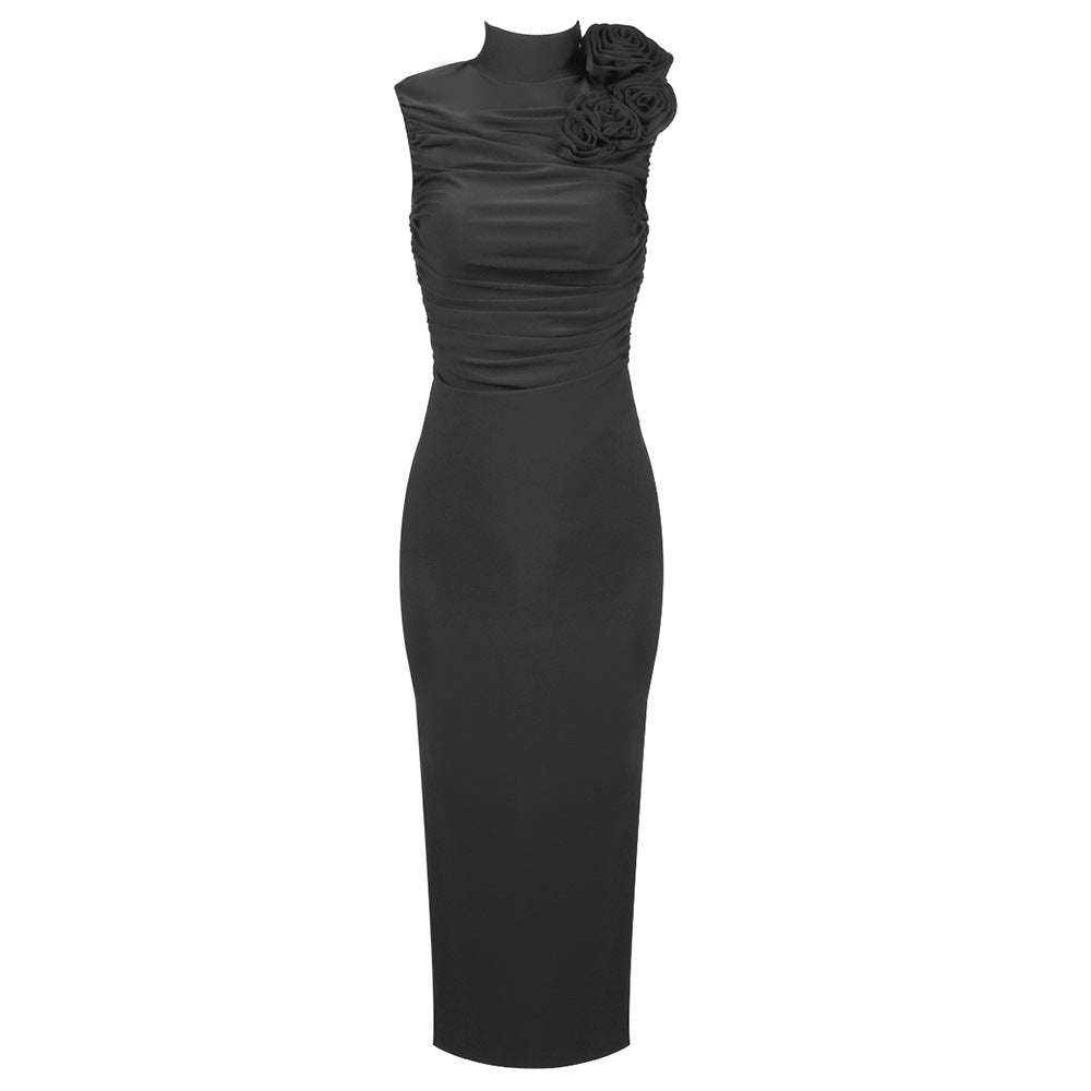Damen figurbetontes Abendkleid mit asymmetrischem Kragen und floraler Applikation Drune