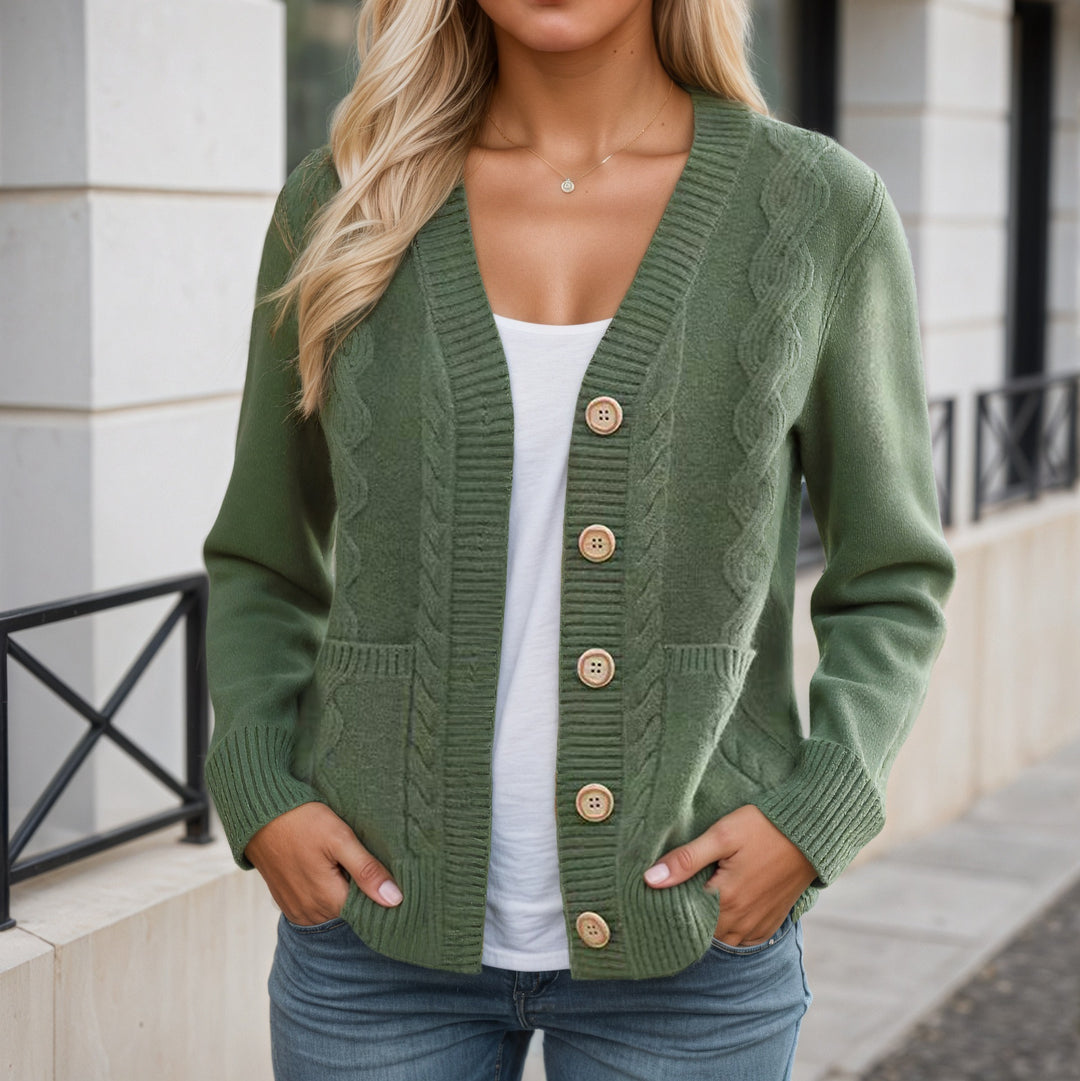 Damen nan längerer Strickcardigan mit Kabelstruktur, V-Ausschnitt und Holzknopfleiste Drune