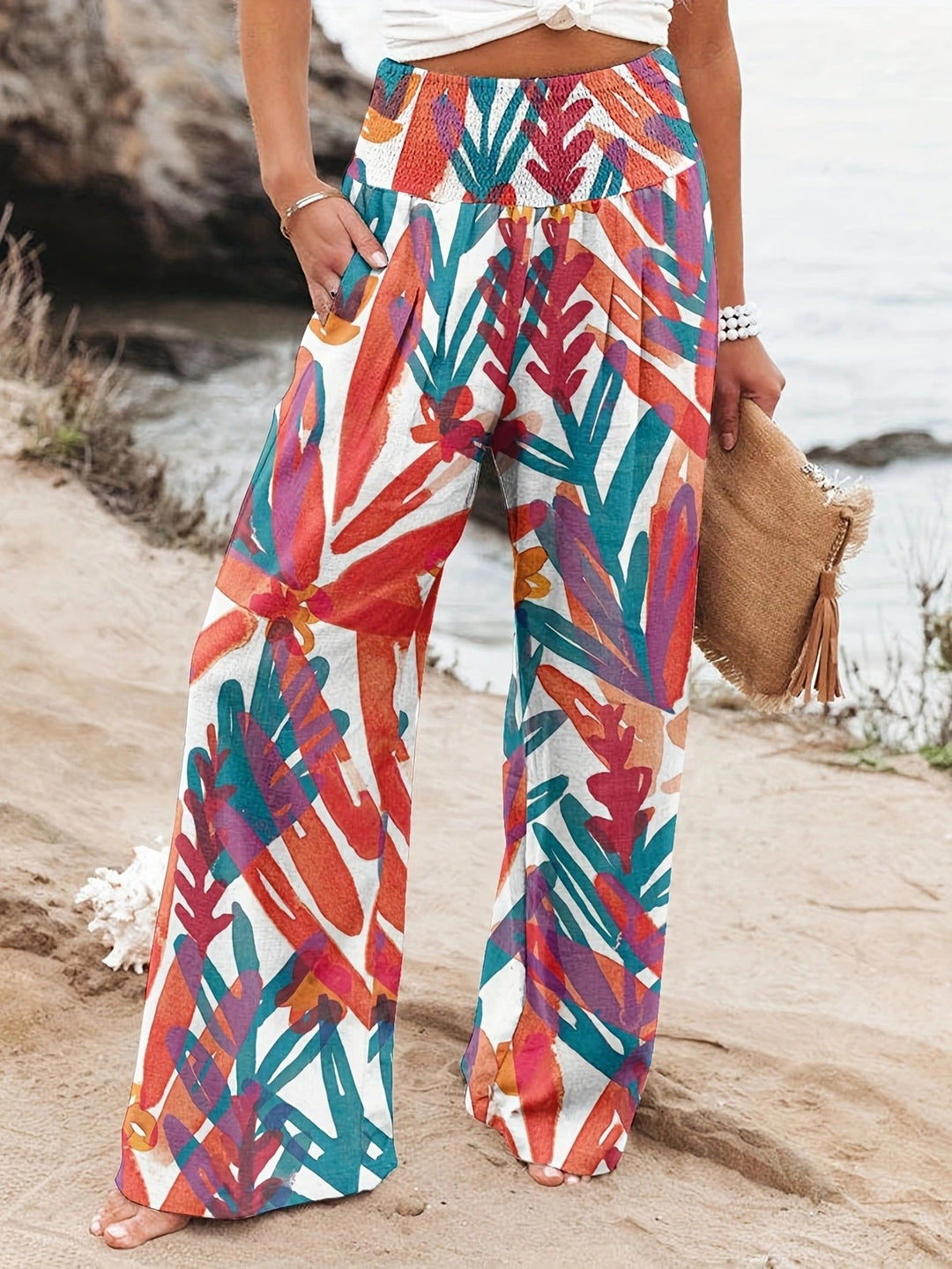 Damen Weit geschnittene Strandhose mit floralem Motiven und elastischem Bund Drune