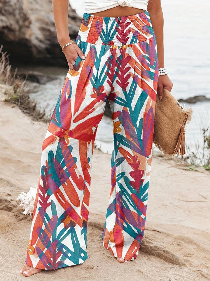 Damen Weit geschnittene Strandhose mit floralem Motiven und elastischem Bund Drune