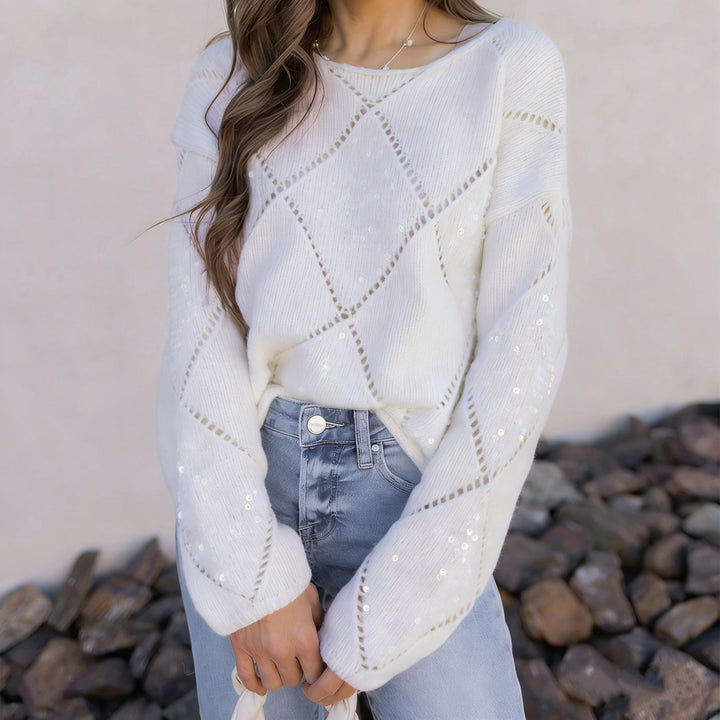 Damen Grobgestrickter Oversize-Pullover mit Ajour‑Rautenmuster und Pailletten Drune