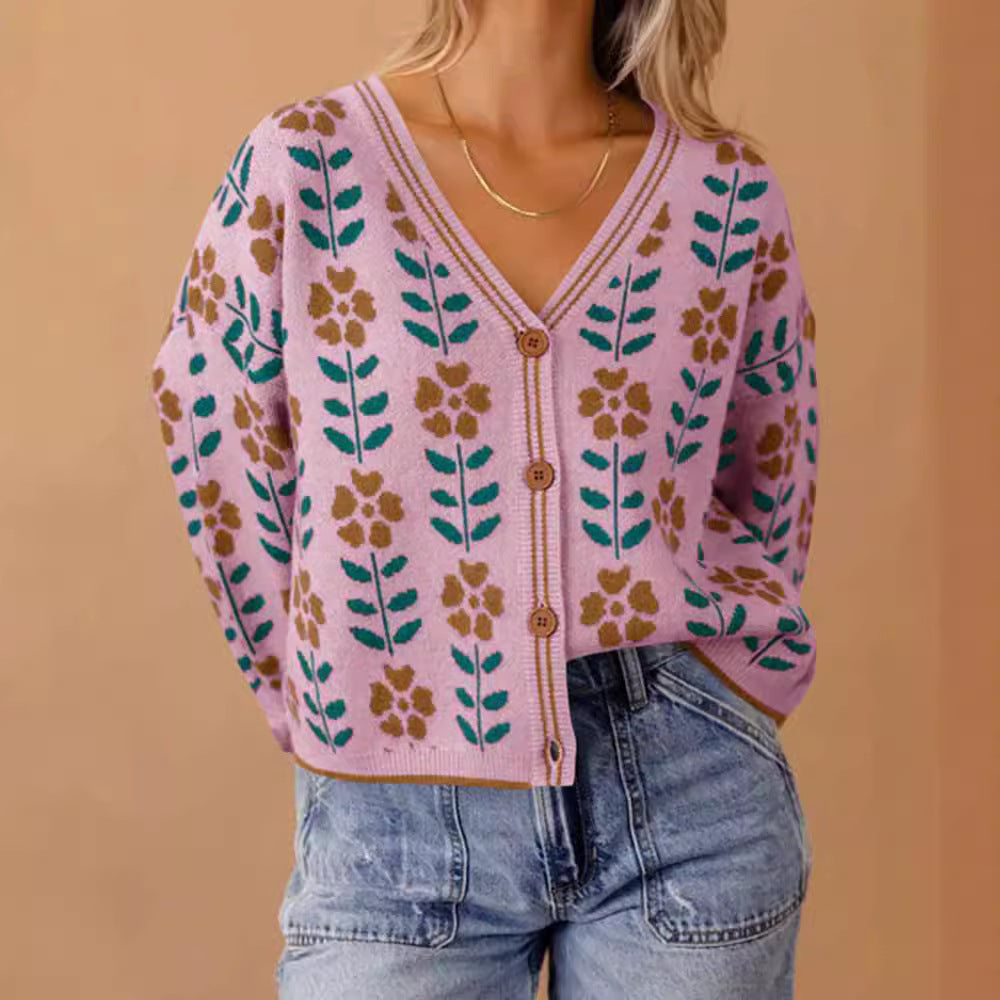 Damen Strickjacke mit floralem Design und Knopfdetails Drune