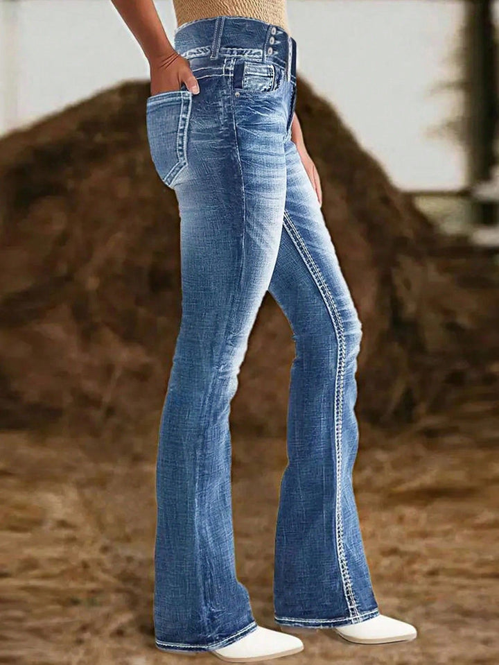 Damen hochtaillierte Flared-Jeans mit seitlicher Ziernaht und sculptendem Stretchbund Drune