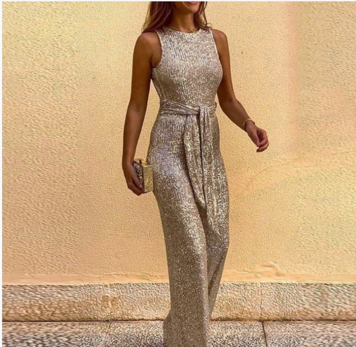 Damen Glamouröses Maxikleid mit glänzendem Paillettenbesatz und eleganter Taillenbindung Drune