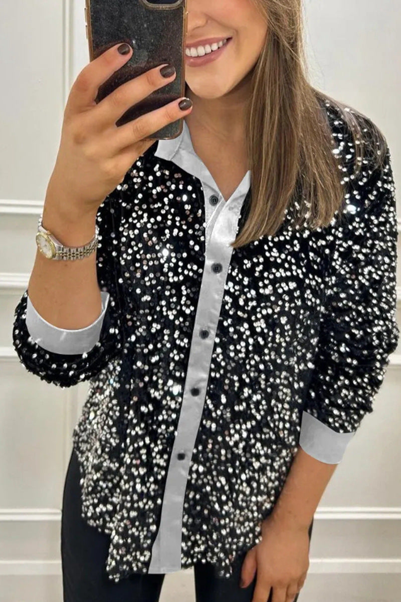 Damen nan glitzernde Pailletten-Hemdbluse mit Kragen, Knopfleiste und elastischen Manschetten Drune
