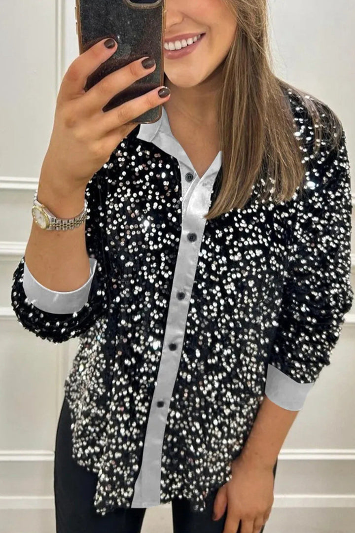 Damen nan glitzernde Pailletten-Hemdbluse mit Kragen, Knopfleiste und elastischen Manschetten Drune