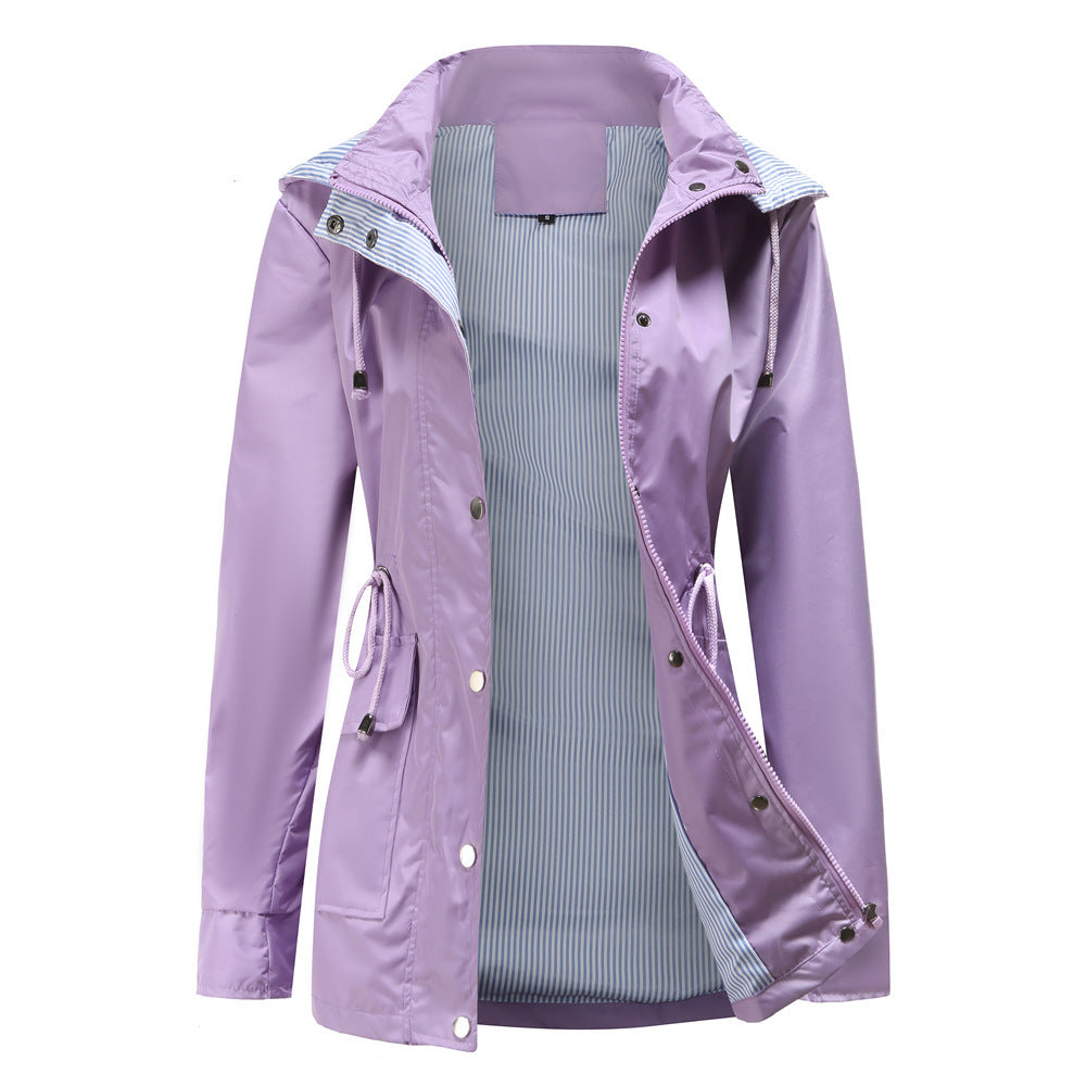 Damen Wetterfeste Regenjacke mit verstellbarem Kapuzenkragen und Taillenzug Drune