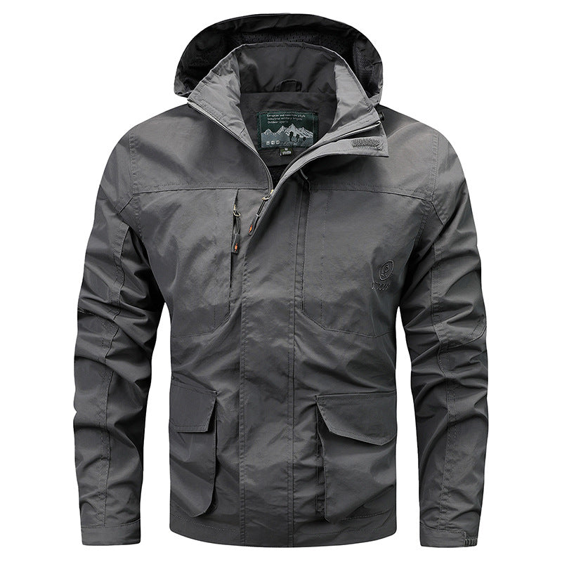Herren Technische leichte Outdoorjacke mit Kapuze wasserabweisend und Multifunktionstaschen Drune