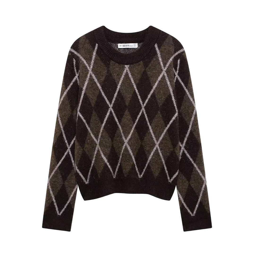 Damen lässiger Pullover mit Rautenmuster und Rundhalsausschnitt Drune