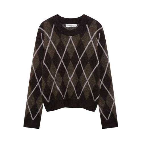 Damen lässiger Pullover mit Rautenmuster und Rundhalsausschnitt Drune
