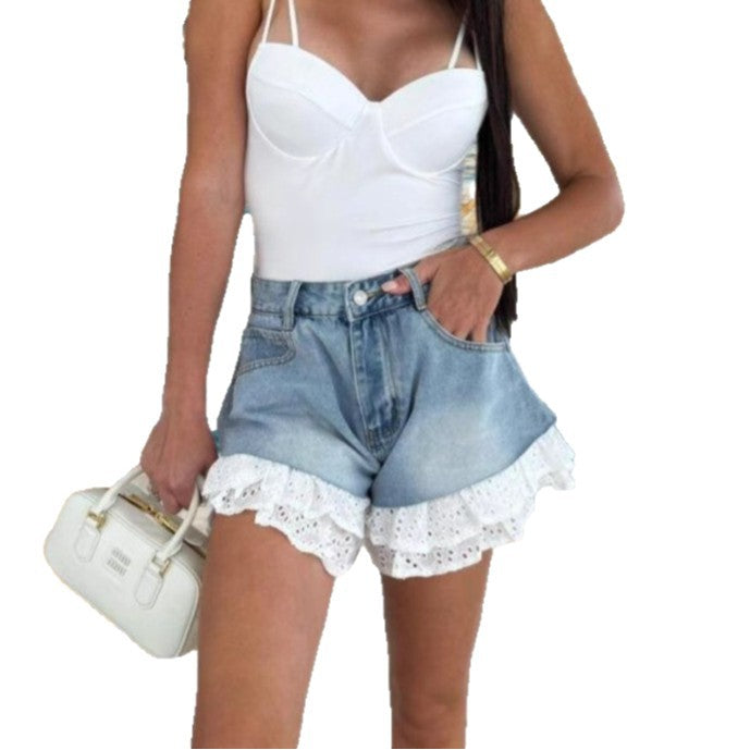 Damen Denim-Shorts mit dekorativem Spitzenrand und hohem Taillenbund Drune