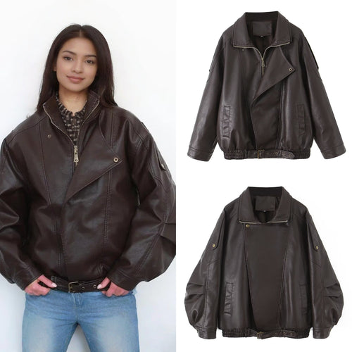 Damen Kunstlederjacke im lässigen Oversized-Stil mit Taillenzug Drune