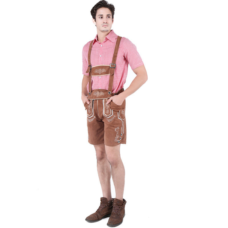 Herren nan alpine Trachtenlederhose im Retro-Stil mit Latz, Zierstickerei und Seitentaschen Drune
