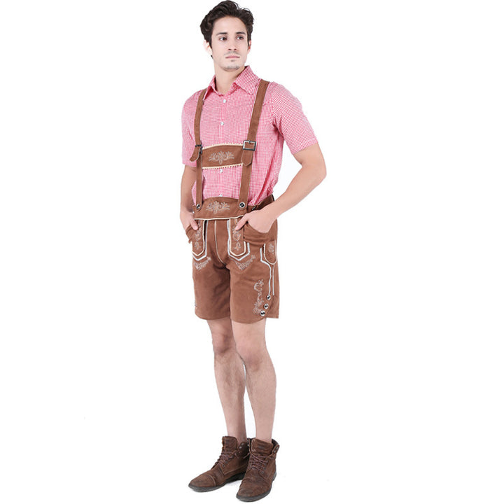 Herren nan alpine Trachtenlederhose im Retro-Stil mit Latz, Zierstickerei und Seitentaschen Drune