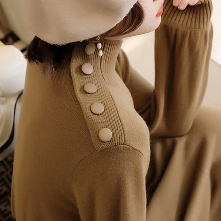 Damen Elegantes Strickmaxikleid mit hochgeschlossenem Kragen und dekorativen Knöpfen Drune