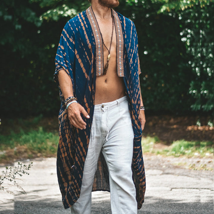 Herren Langer Batik-Kimono aus leichter Viskose mit Ornamentbesatz Drune