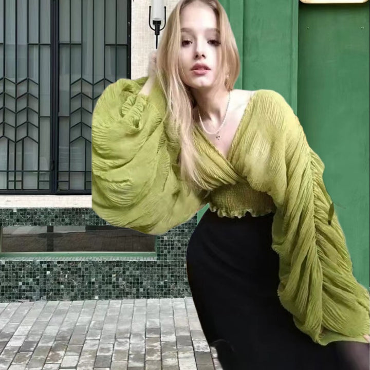 Damen Wickelbluse mit voluminösen Ärmeln und elegantem Design Drune