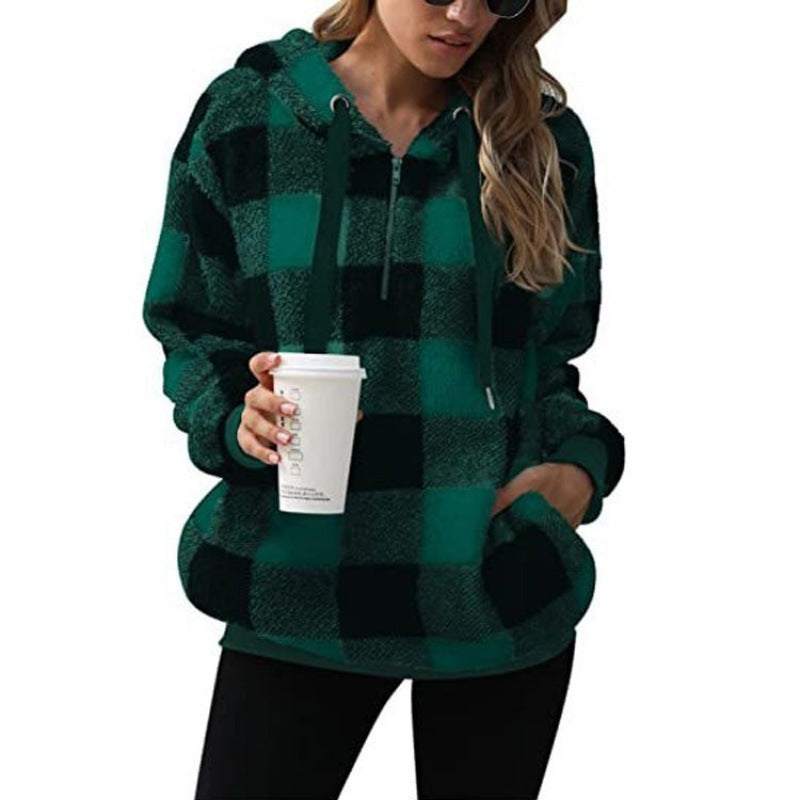 Damen kuschelige Karo-Hoodiejacke mit Reißverschluss und Kängurutasche Drune