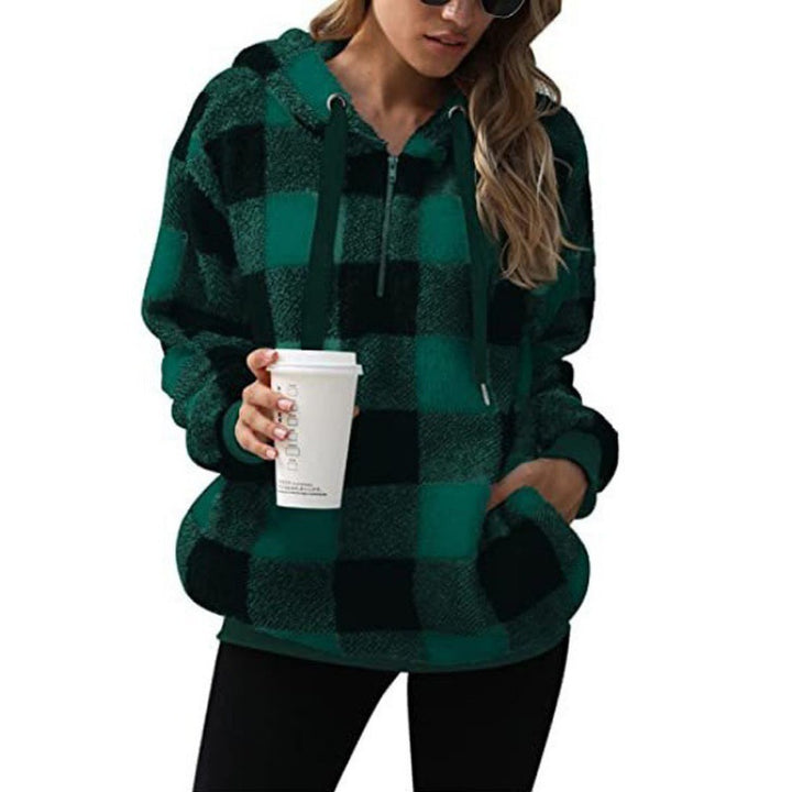 Damen kuschelige Karo-Hoodiejacke mit Reißverschluss und Kängurutasche Drune